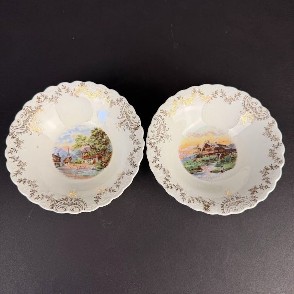 Set of 2 Scalloped Dessert Bowls with Country/Village Scenes